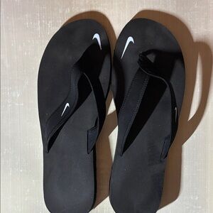 Nike Black Flip Flop Sandals with White Swoosh